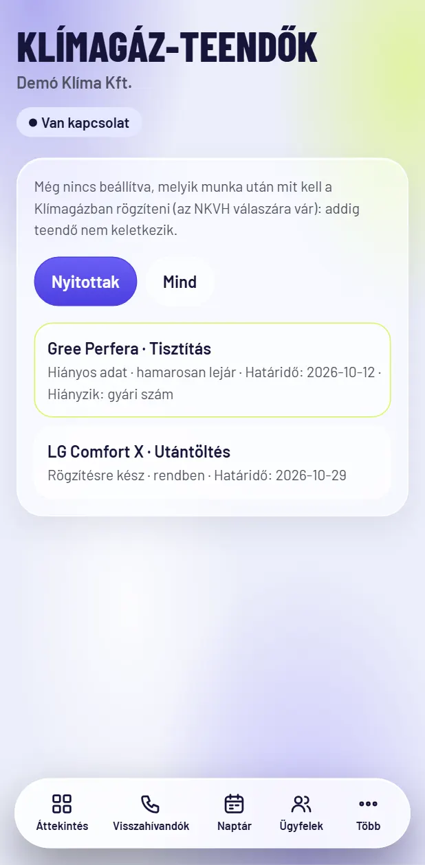 Klímagáz-segítő – képernyőkép kitalált adatokkal