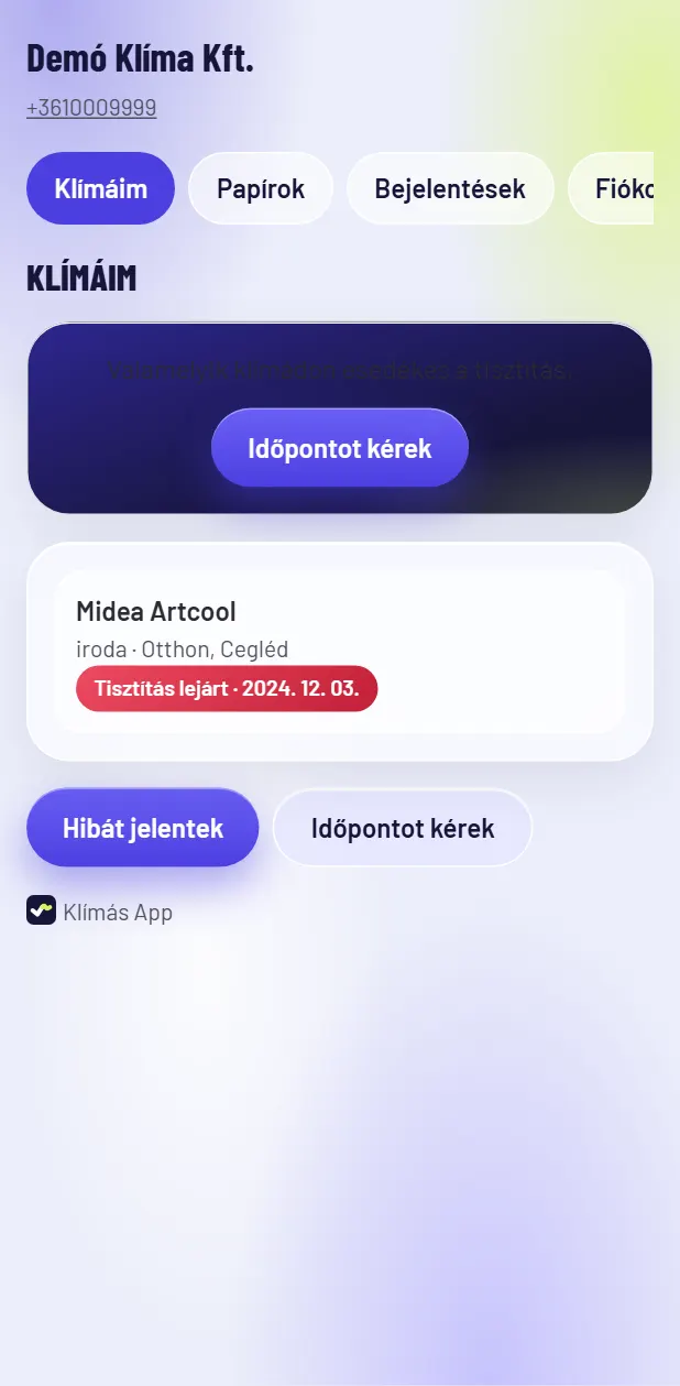 Ügyfélportál – képernyőkép kitalált adatokkal